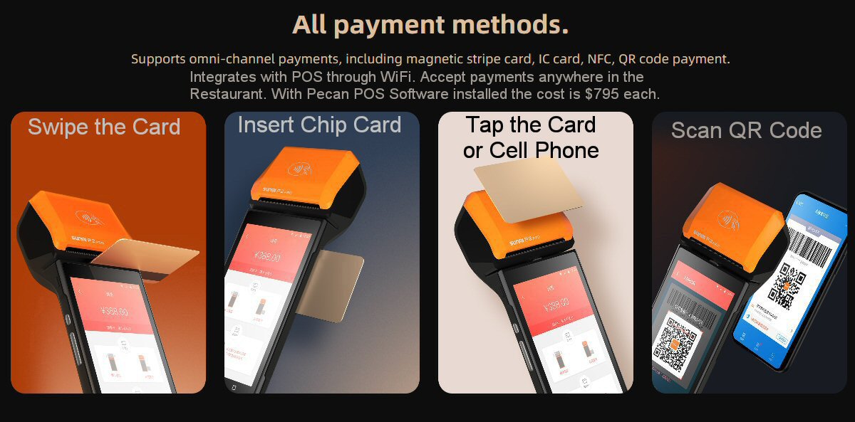 SUNMI P2 PRO - T6920 Create tickets and accept all orders inside or outside the restaurant through WiFi.